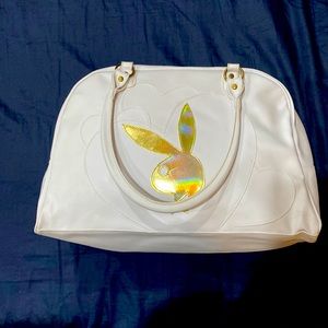 White and gold y2k playboy bowler/duffel bag